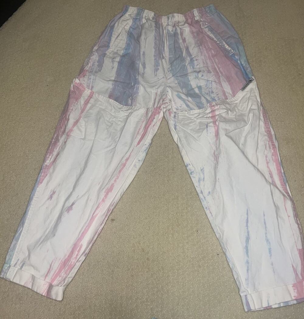 Vtg 80s Cherokee Cotton Abstract Pastel Pink Blue Stripe Pants Tie Dye S M